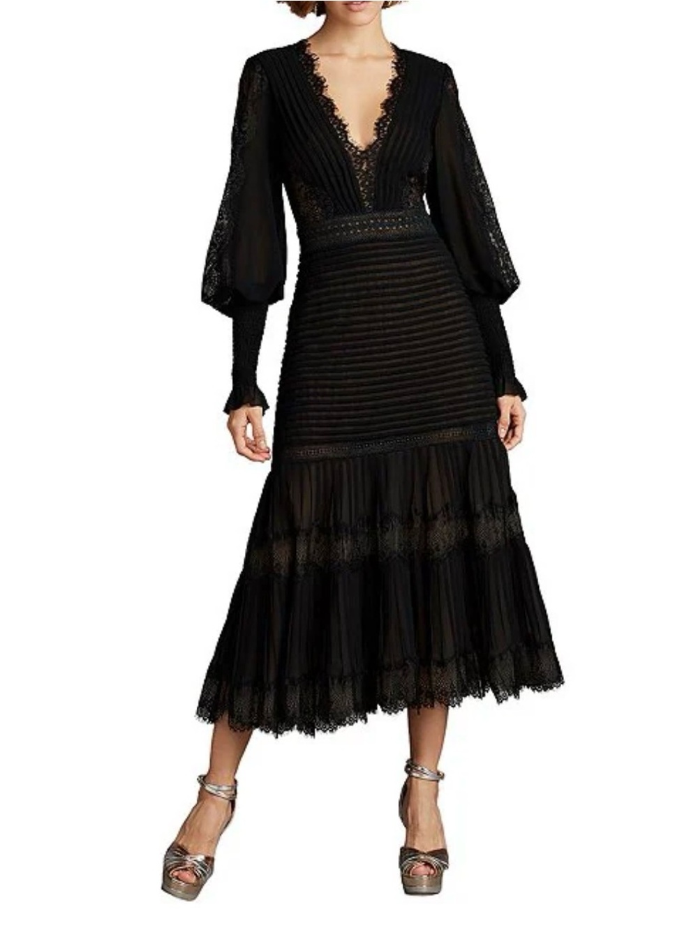 Tadashi Shoji Lace Pintuck Long Sleeve Midi Cocktail Dress nwot size 4
